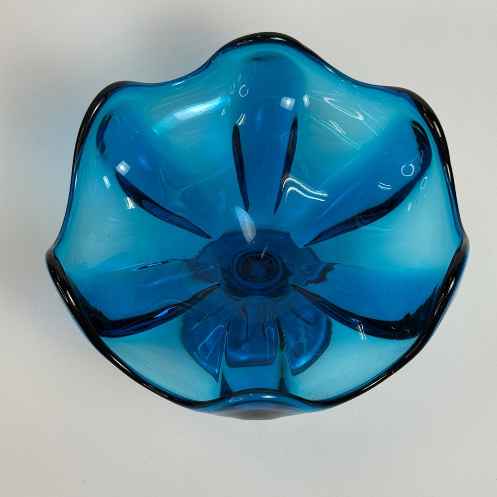 Viking Glass Blue Epic Bluenique Petal Compote Pedestal Bowl MCM Vintage 7" - Picture 5 of 7
